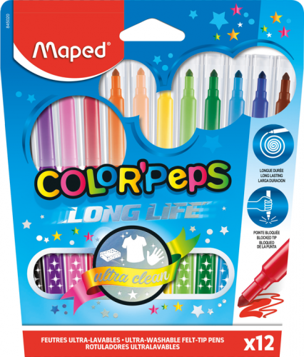 Flomāsteri MAPED LongLife 3.6mm 12 krāsas, kartona blisterī