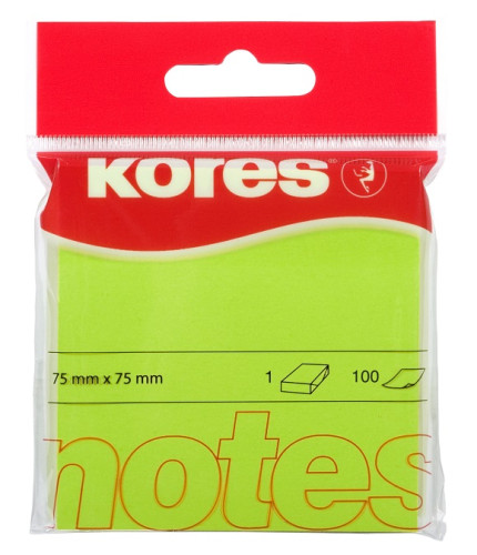 Līmlapiņas KORES 75*75mm 100lp PP iepakojumā, neona zaļas