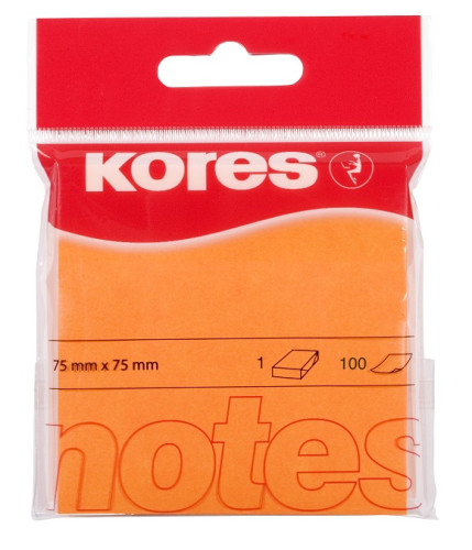 Līmlapiņas KORES 75*75mm 100lp PP iepakojumā, neona oranžas