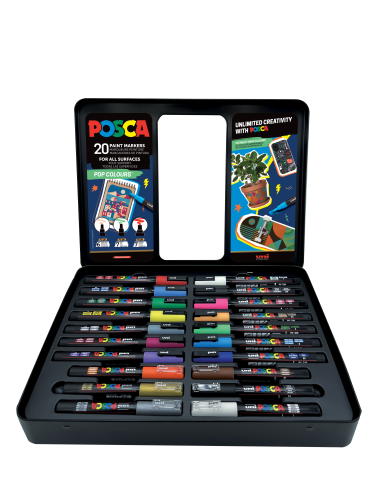 Marķieri ūdens bāzes UNI Posca metālā kastē 20 POP krāsas